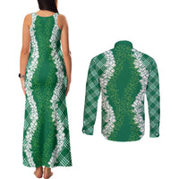 Hawaii Aloha Plumeria Lei Green Palaka Couples Matching Tank Maxi Dress and Long Sleeve Button Shirt LT7 - Polynesian Pride