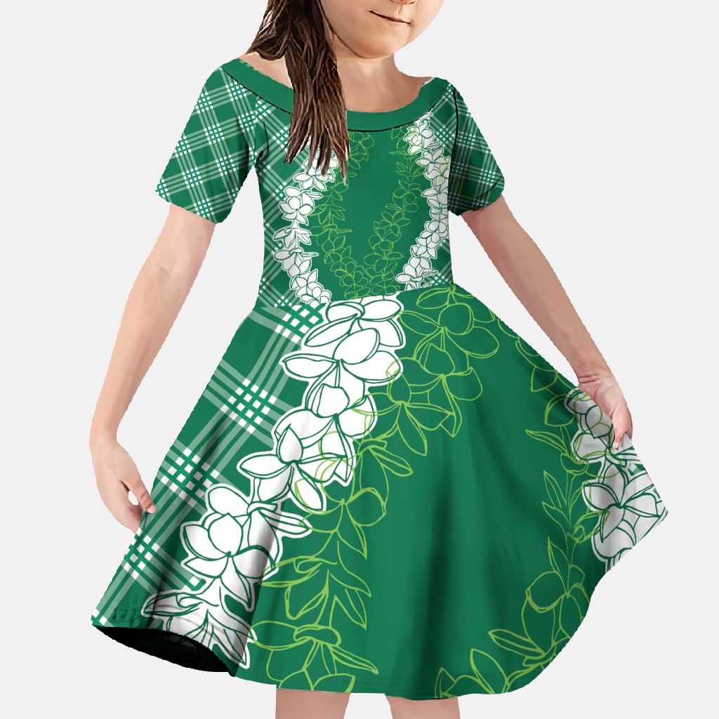 Hawaii Aloha Plumeria Lei Green Palaka Family Matching Long Sleeve Bodycon Dress and Hawaiian Shirt LT7 Daughter's Dress Green - Polynesian Pride