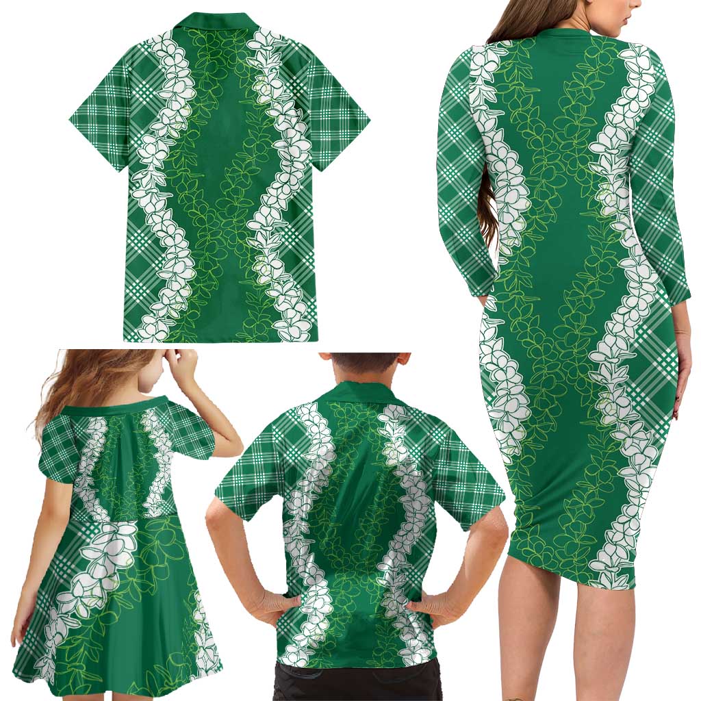 Hawaii Aloha Plumeria Lei Green Palaka Family Matching Long Sleeve Bodycon Dress and Hawaiian Shirt LT7 - Polynesian Pride