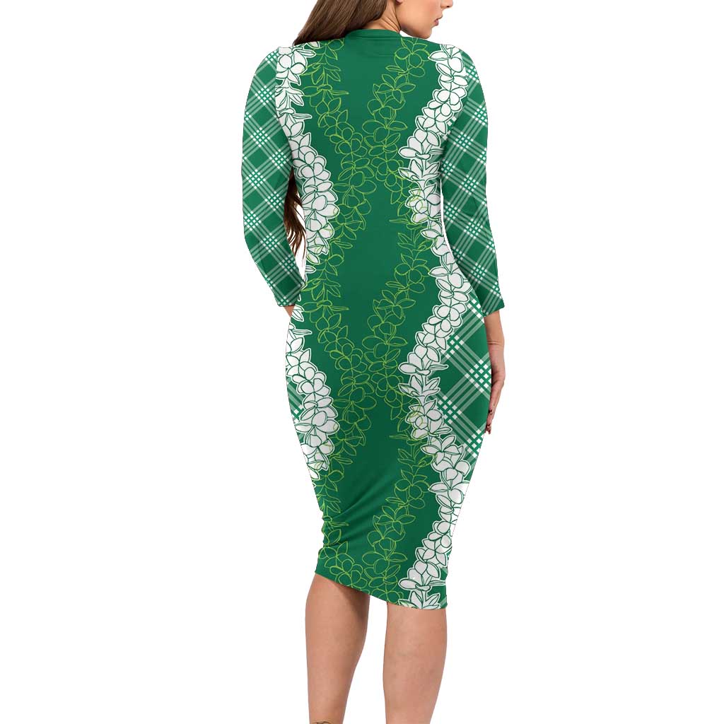 Hawaii Aloha Plumeria Lei Green Palaka Family Matching Long Sleeve Bodycon Dress and Hawaiian Shirt LT7 - Polynesian Pride