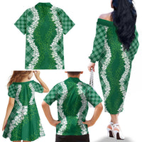 Hawaii Aloha Plumeria Lei Green Palaka Family Matching Off The Shoulder Long Sleeve Dress and Hawaiian Shirt LT7 - Polynesian Pride