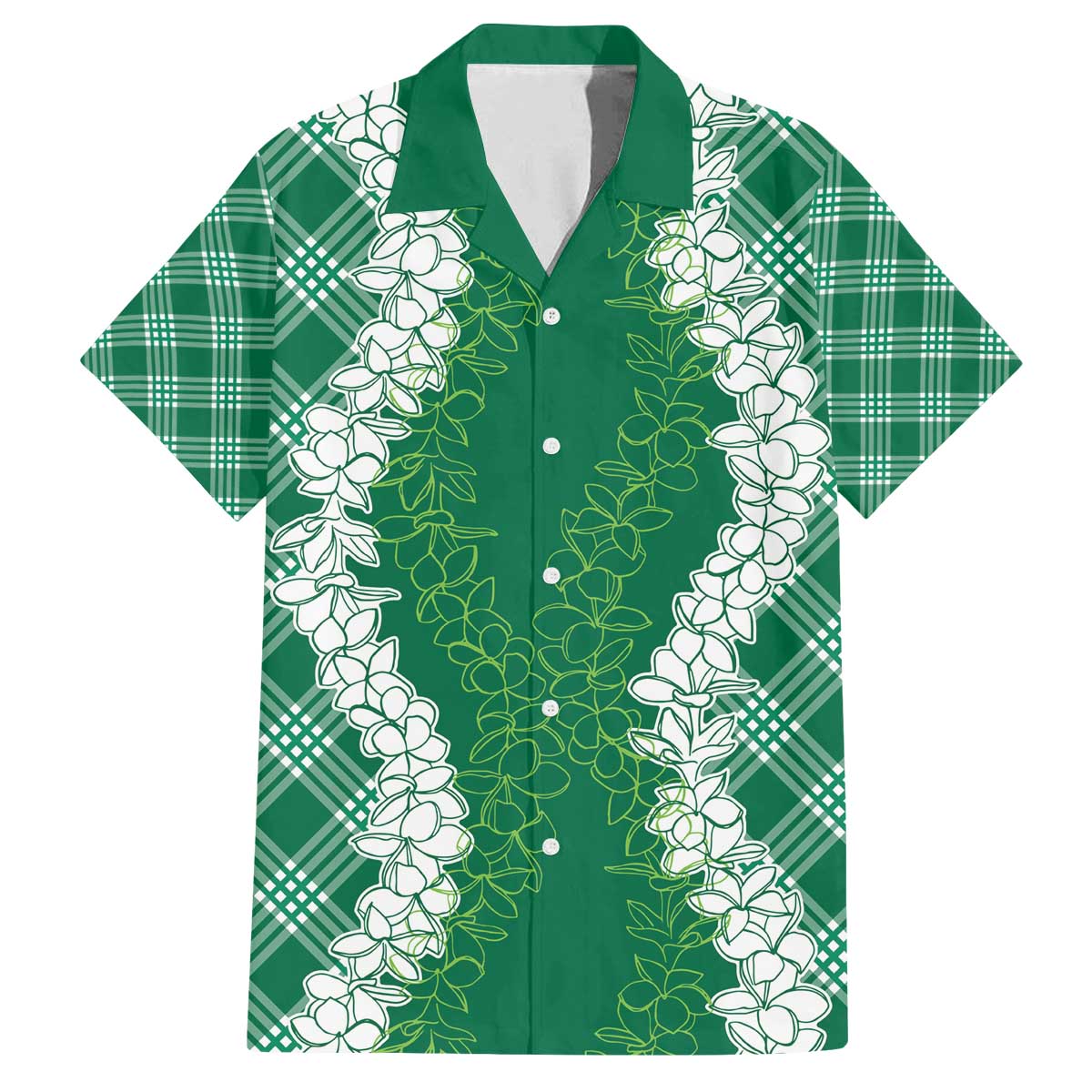 Hawaii Aloha Plumeria Lei Green Palaka Family Matching Off The Shoulder Long Sleeve Dress and Hawaiian Shirt LT7 Dad's Shirt - Short Sleeve Green - Polynesian Pride