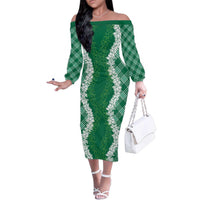 Hawaii Aloha Plumeria Lei Green Palaka Family Matching Off The Shoulder Long Sleeve Dress and Hawaiian Shirt LT7 Mom's Dress Green - Polynesian Pride
