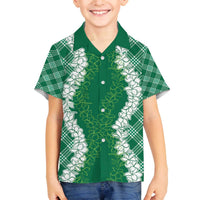 Hawaii Aloha Plumeria Lei Green Palaka Family Matching Off The Shoulder Long Sleeve Dress and Hawaiian Shirt LT7 Son's Shirt Green - Polynesian Pride