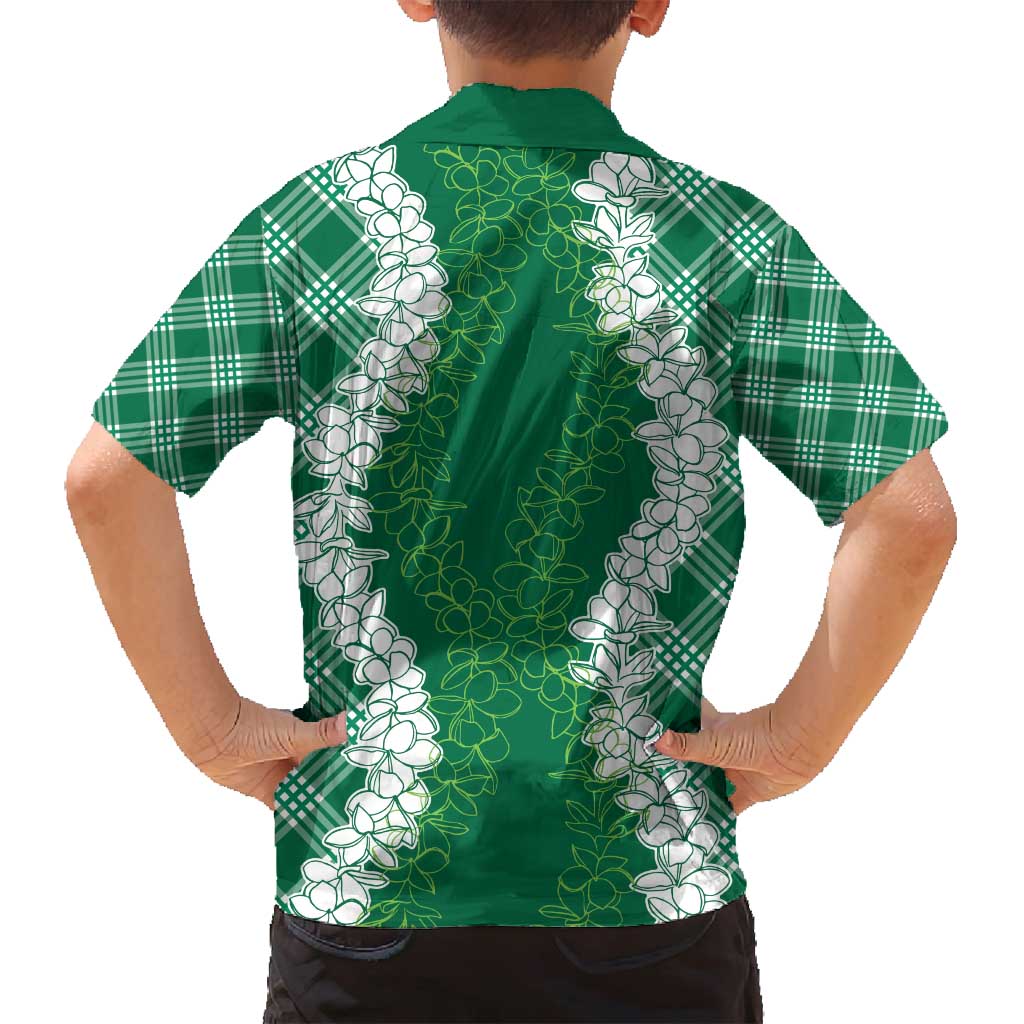 Hawaii Aloha Plumeria Lei Green Palaka Family Matching Off Shoulder Maxi Dress and Hawaiian Shirt LT7 - Polynesian Pride