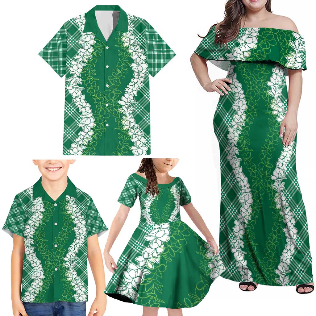 Hawaii Aloha Plumeria Lei Green Palaka Family Matching Off Shoulder Maxi Dress and Hawaiian Shirt LT7 - Polynesian Pride