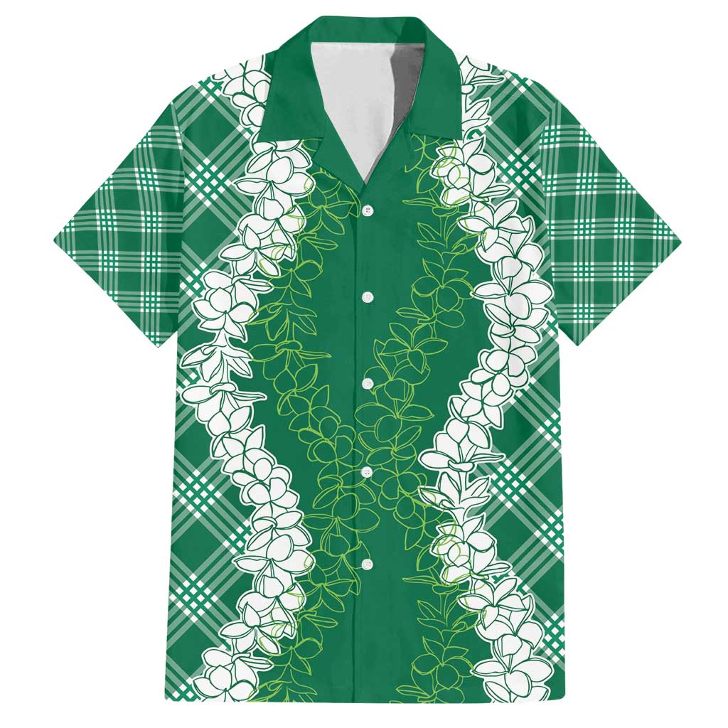 Hawaii Aloha Plumeria Lei Green Palaka Family Matching Off Shoulder Maxi Dress and Hawaiian Shirt LT7 Dad's Shirt - Short Sleeve Green - Polynesian Pride