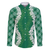 Hawaii Aloha Plumeria Lei Green Palaka Family Matching Off Shoulder Maxi Dress and Hawaiian Shirt LT7 Dad's Shirt - Long Sleeve Green - Polynesian Pride