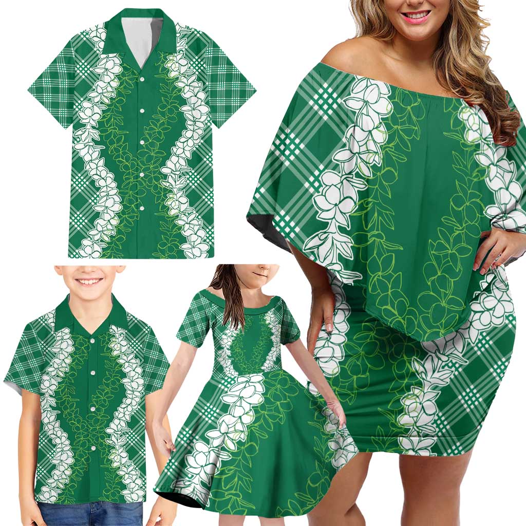 Hawaii Aloha Plumeria Lei Green Palaka Family Matching Off Shoulder Short Dress and Hawaiian Shirt LT7 - Polynesian Pride