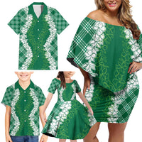 Hawaii Aloha Plumeria Lei Green Palaka Family Matching Off Shoulder Short Dress and Hawaiian Shirt LT7 - Polynesian Pride