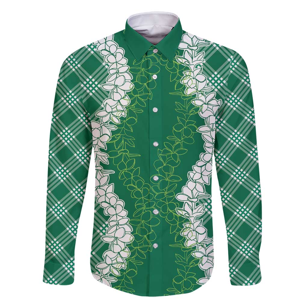 Hawaii Aloha Plumeria Lei Green Palaka Family Matching Off Shoulder Short Dress and Hawaiian Shirt LT7 Dad's Shirt - Long Sleeve Green - Polynesian Pride