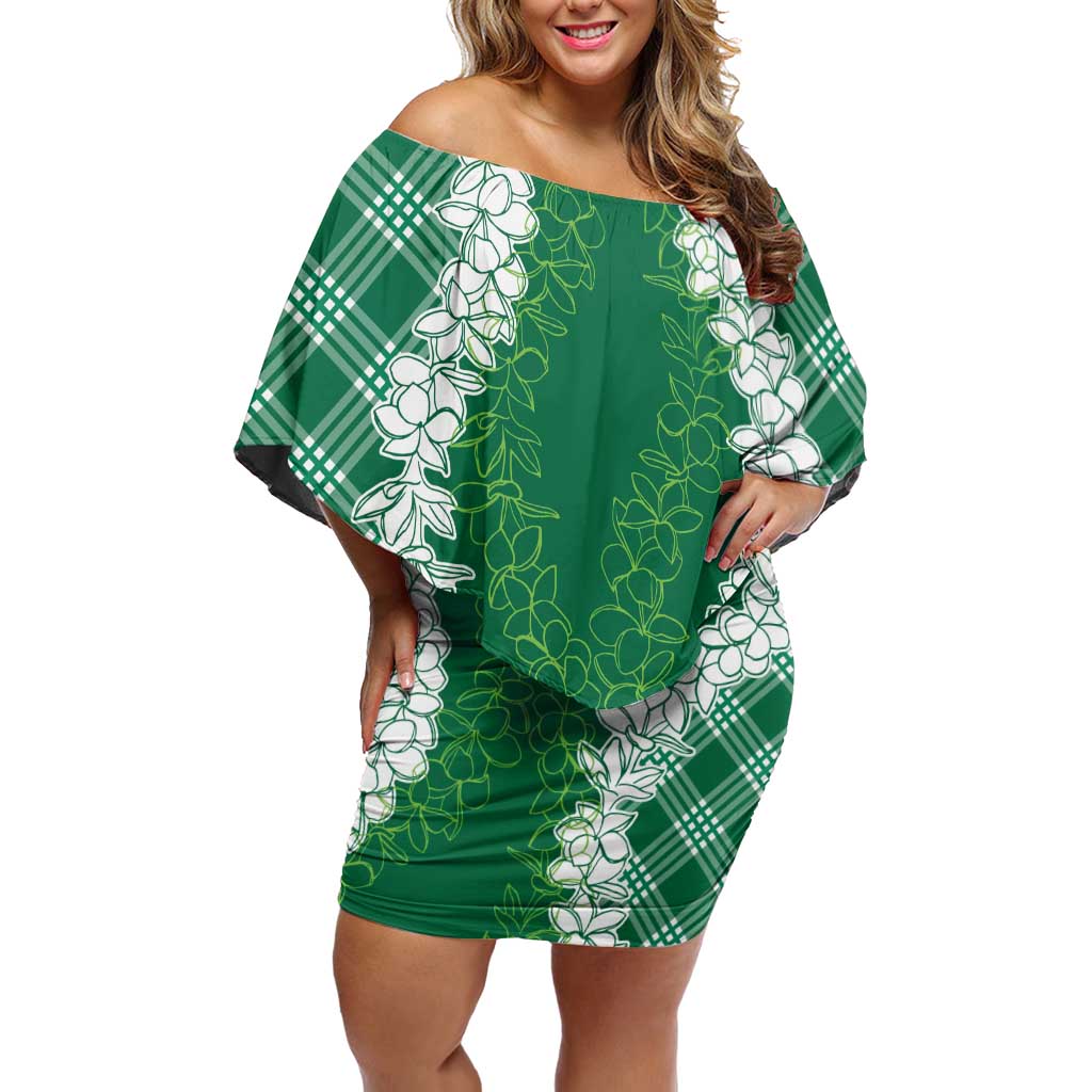 Hawaii Aloha Plumeria Lei Green Palaka Family Matching Off Shoulder Short Dress and Hawaiian Shirt LT7 Mom's Dress Green - Polynesian Pride