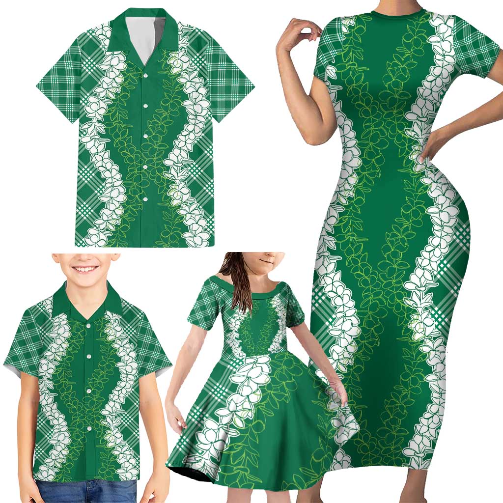 Hawaii Aloha Plumeria Lei Green Palaka Family Matching Short Sleeve Bodycon Dress and Hawaiian Shirt LT7 - Polynesian Pride