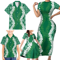 Hawaii Aloha Plumeria Lei Green Palaka Family Matching Short Sleeve Bodycon Dress and Hawaiian Shirt LT7 - Polynesian Pride