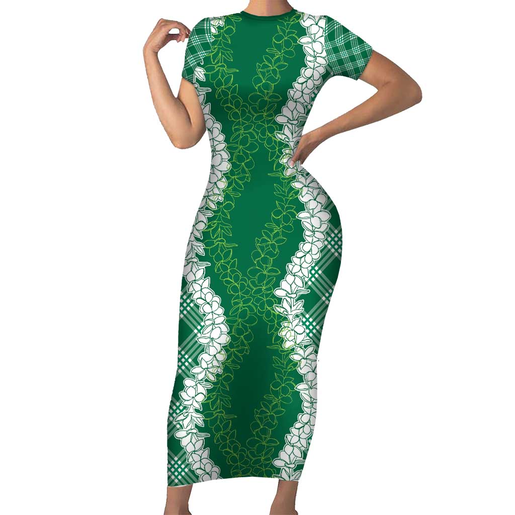 Hawaii Aloha Plumeria Lei Green Palaka Family Matching Short Sleeve Bodycon Dress and Hawaiian Shirt LT7 Mom's Dress Green - Polynesian Pride