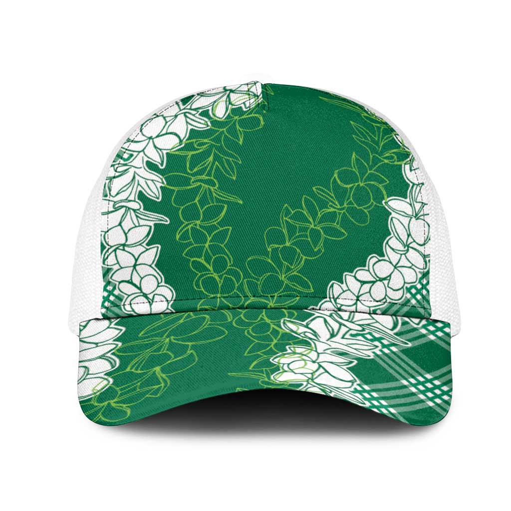 Hawaii Aloha Plumeria Lei Green Palaka Mesh Trucker Cap - Polynesian Pride