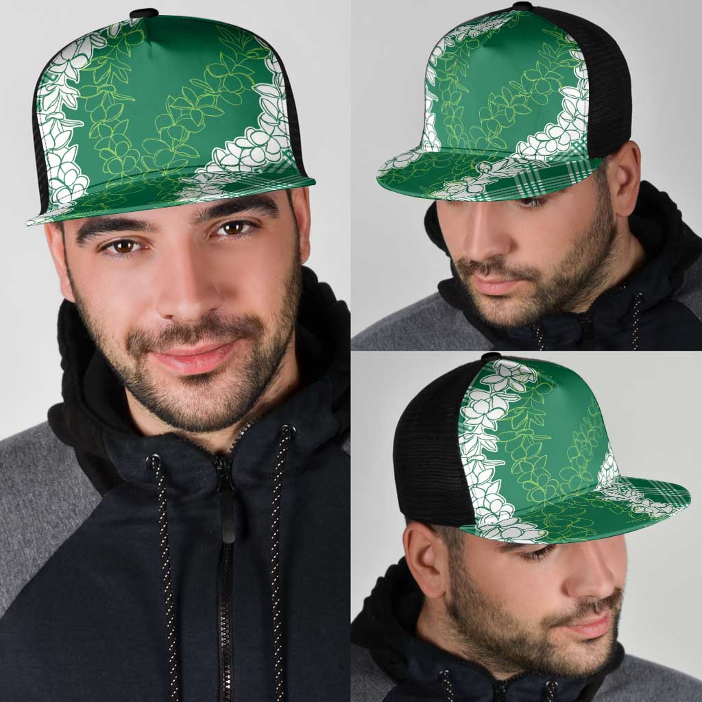 Hawaii Aloha Plumeria Lei Green Palaka Mesh Trucker Cap - Polynesian Pride