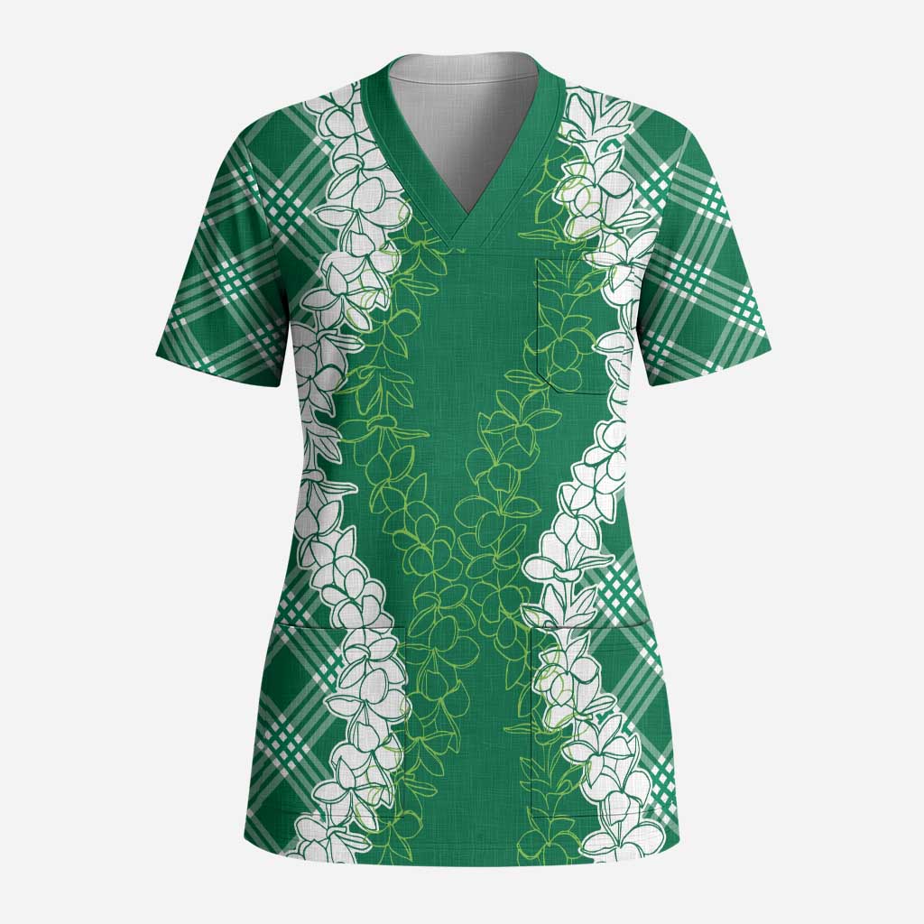 Hawaii Aloha Plumeria Lei Green Palaka Scrub Top LT7 Adult Green - Polynesian Pride