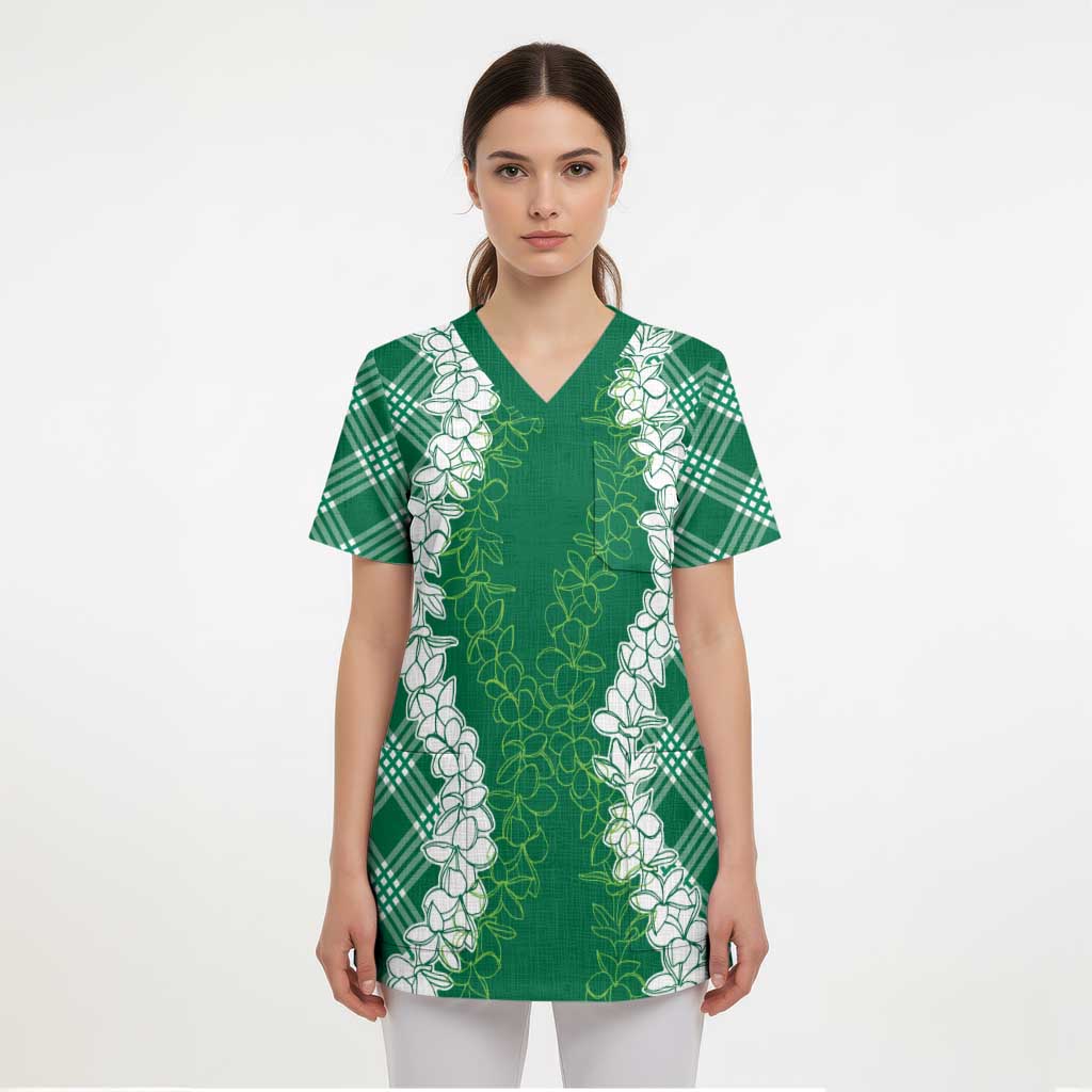 Hawaii Aloha Plumeria Lei Green Palaka Scrub Top LT7 - Polynesian Pride
