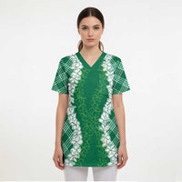 Hawaii Aloha Plumeria Lei Green Palaka Scrub Top LT7 - Polynesian Pride