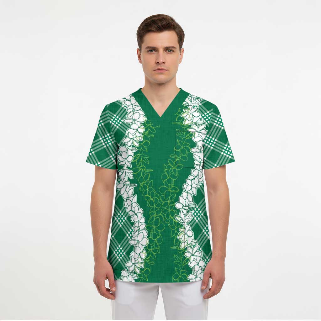 Hawaii Aloha Plumeria Lei Green Palaka Scrub Top LT7 - Polynesian Pride