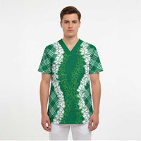 Hawaii Aloha Plumeria Lei Green Palaka Scrub Top LT7 - Polynesian Pride