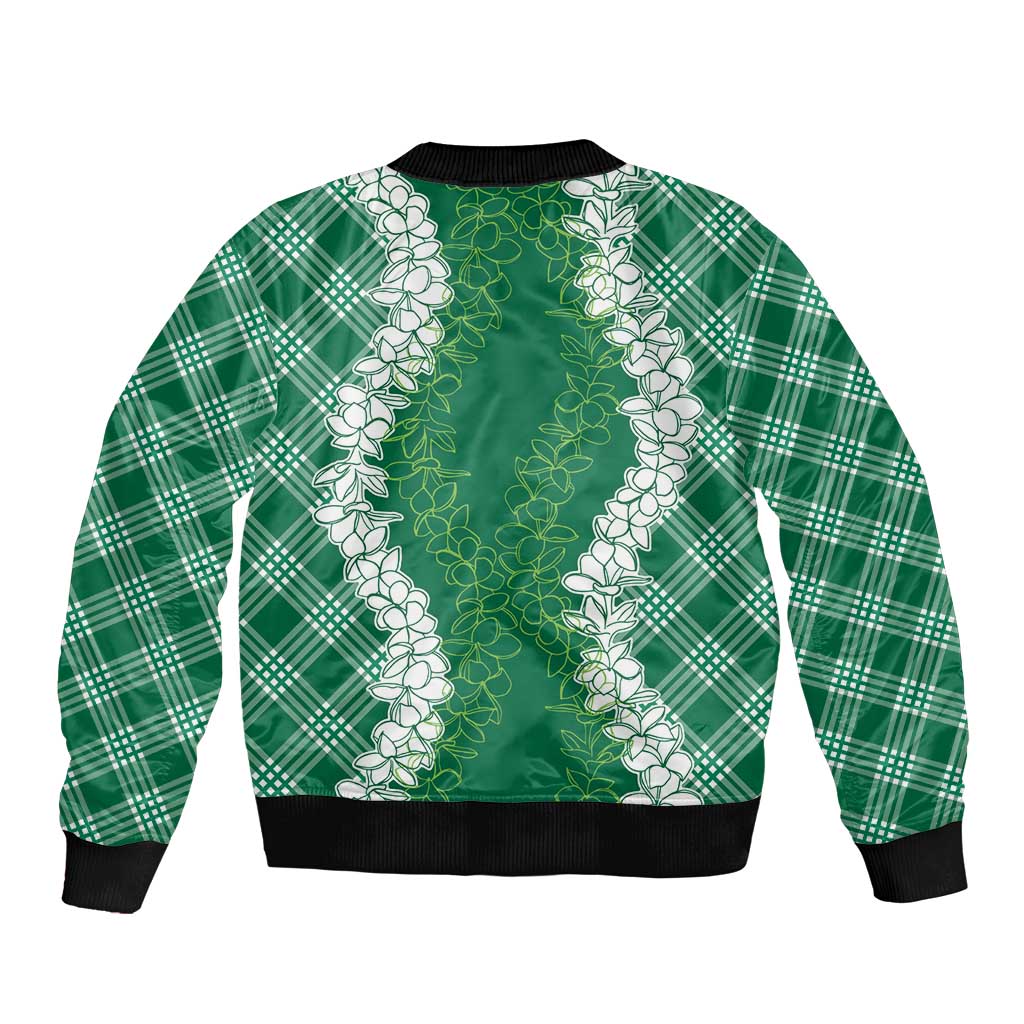 Hawaii Aloha Plumeria Lei Green Palaka Sleeve Zip Bomber Jacket - Polynesian Pride