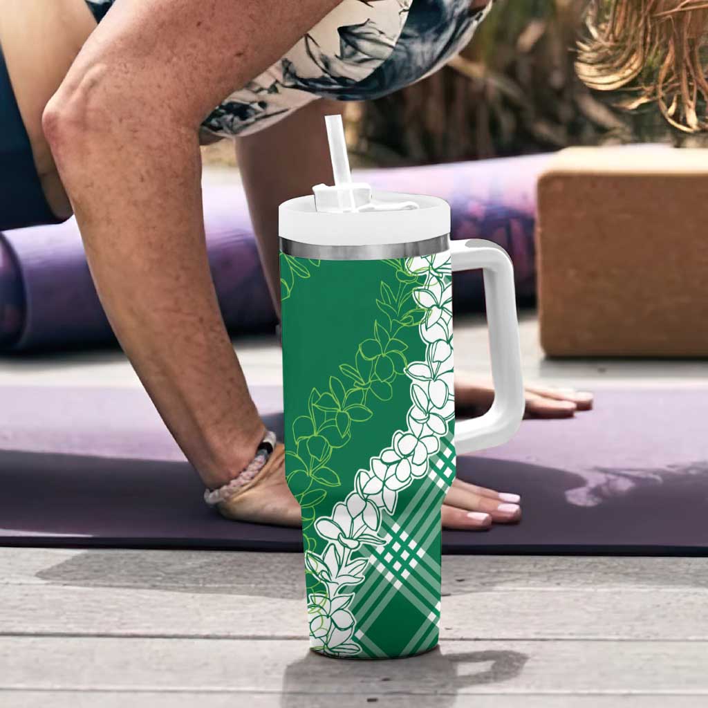 Hawaii Aloha Plumeria Lei Green Palaka Tumbler With Handle - Polynesian Pride