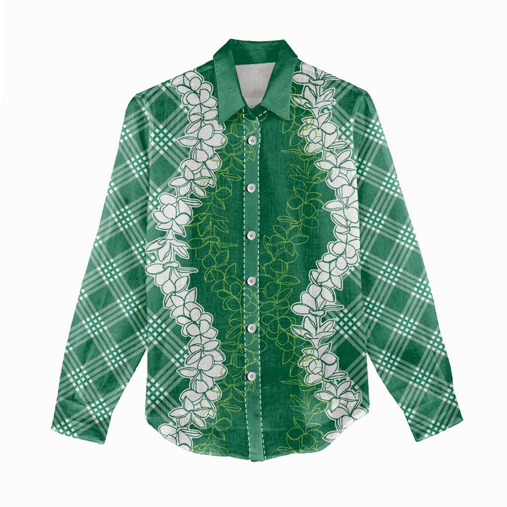 Hawaii Aloha Plumeria Lei Green Palaka Women Casual Shirt - Polynesian Pride