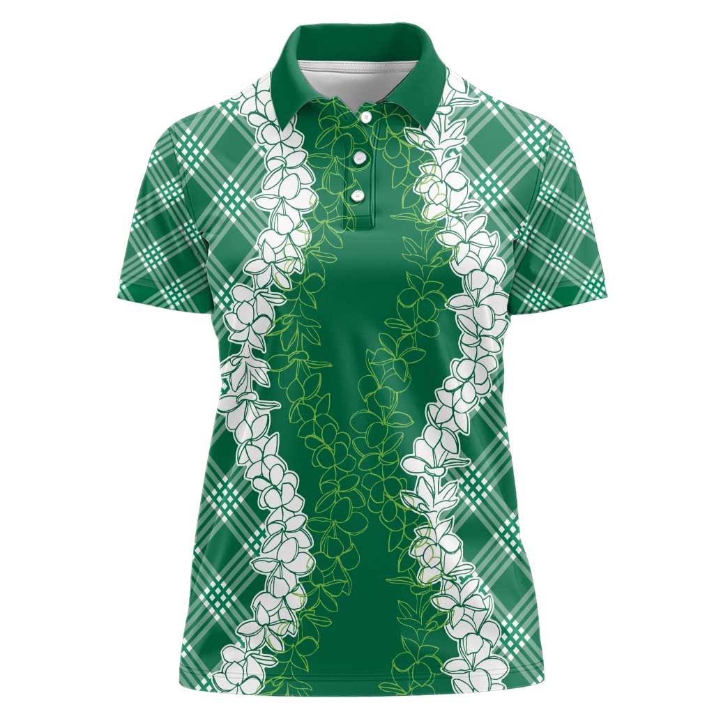 Hawaii Aloha Plumeria Lei Green Palaka Women Polo Shirt - Polynesian Pride