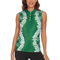Hawaii Aloha Plumeria Lei Green Palaka Women Sleeveless Polo Shirt LT7 - Polynesian Pride