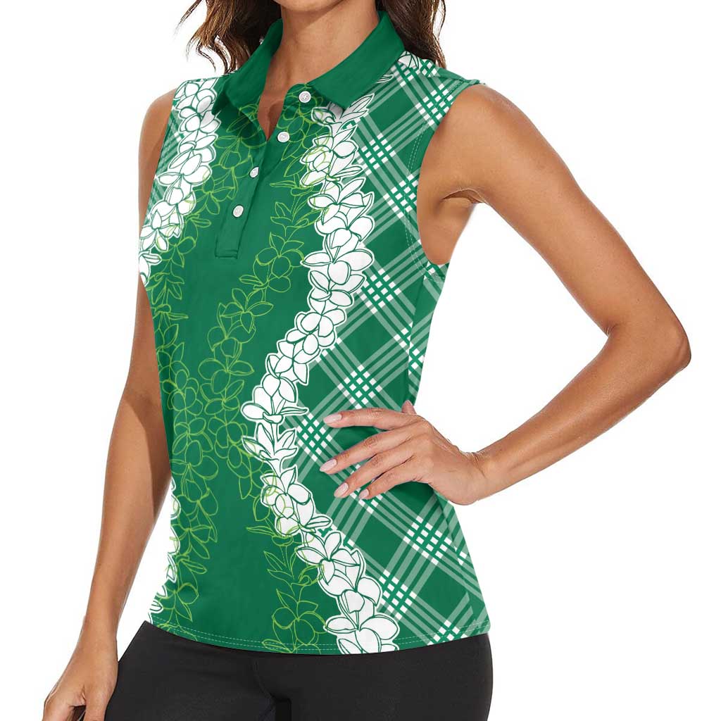 Hawaii Aloha Plumeria Lei Green Palaka Women Sleeveless Polo Shirt LT7 - Polynesian Pride