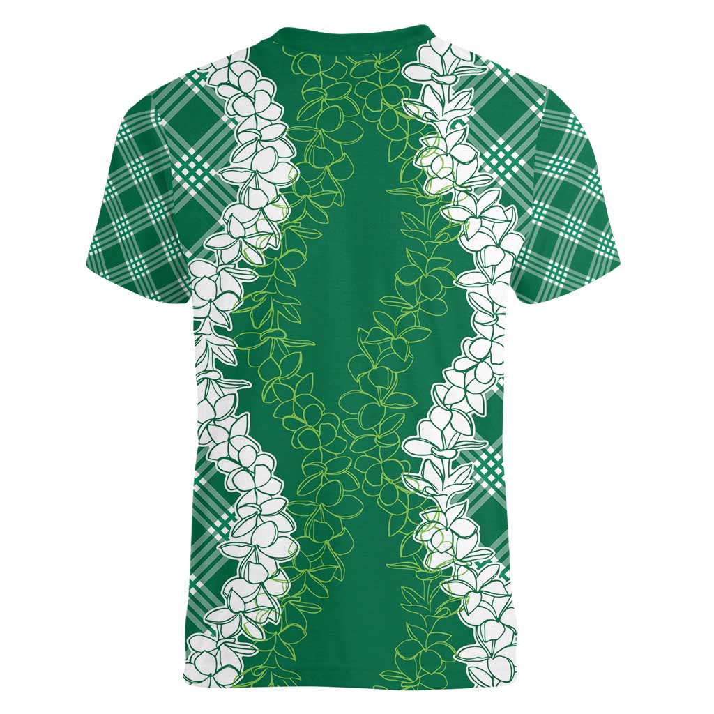 Hawaii Aloha Plumeria Lei Green Palaka Women V-Neck T-Shirt LT7 - Polynesian Pride