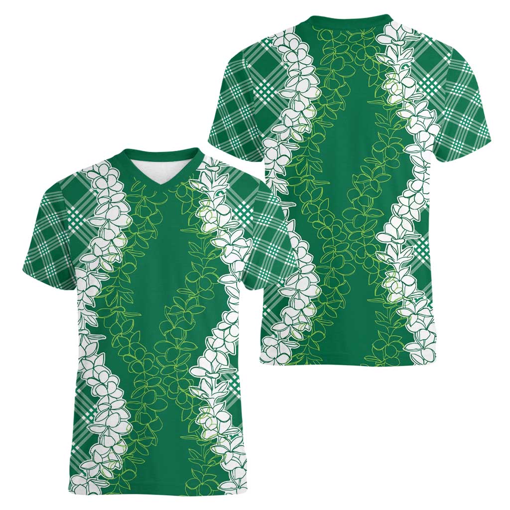 Hawaii Aloha Plumeria Lei Green Palaka Women V-Neck T-Shirt LT7 - Polynesian Pride