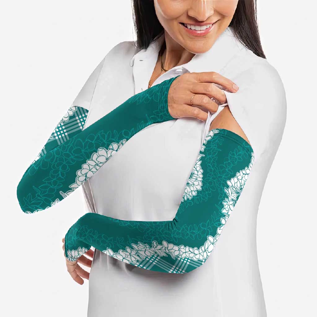 Hawaii Aloha Plumeria Lei Teal Palaka Arm Sleeves - Polynesian Pride