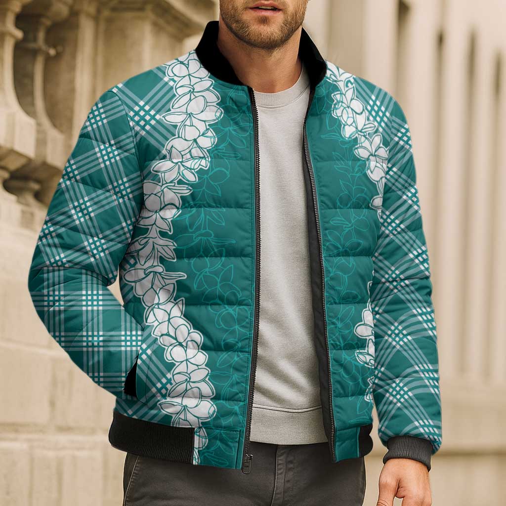 Hawaii Aloha Plumeria Lei Teal Palaka Bomber Puffer Jacket - Polynesian Pride
