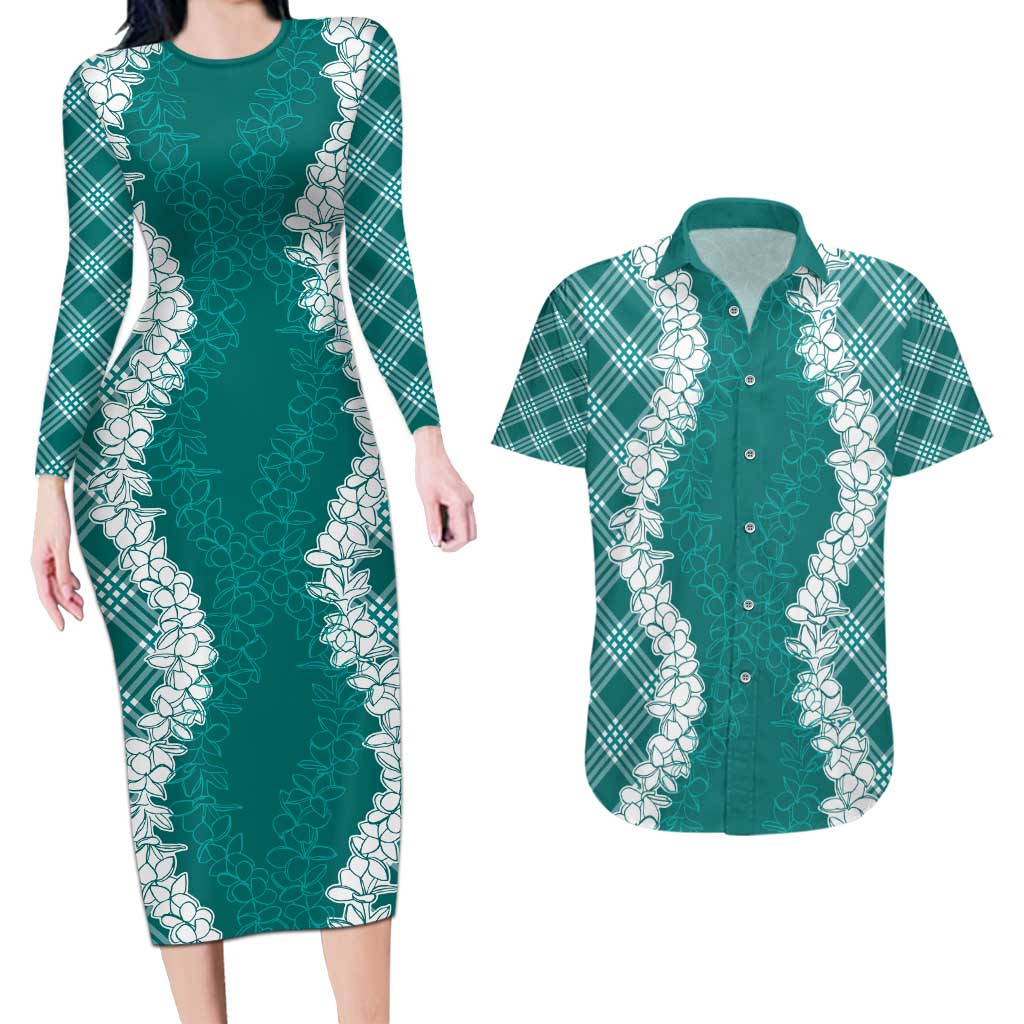 Hawaii Aloha Plumeria Lei Teal Palaka Couples Matching Long Sleeve Bodycon Dress and Hawaiian Shirt LT7 Teal - Polynesian Pride