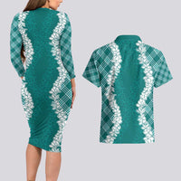 Hawaii Aloha Plumeria Lei Teal Palaka Couples Matching Long Sleeve Bodycon Dress and Hawaiian Shirt LT7 - Polynesian Pride