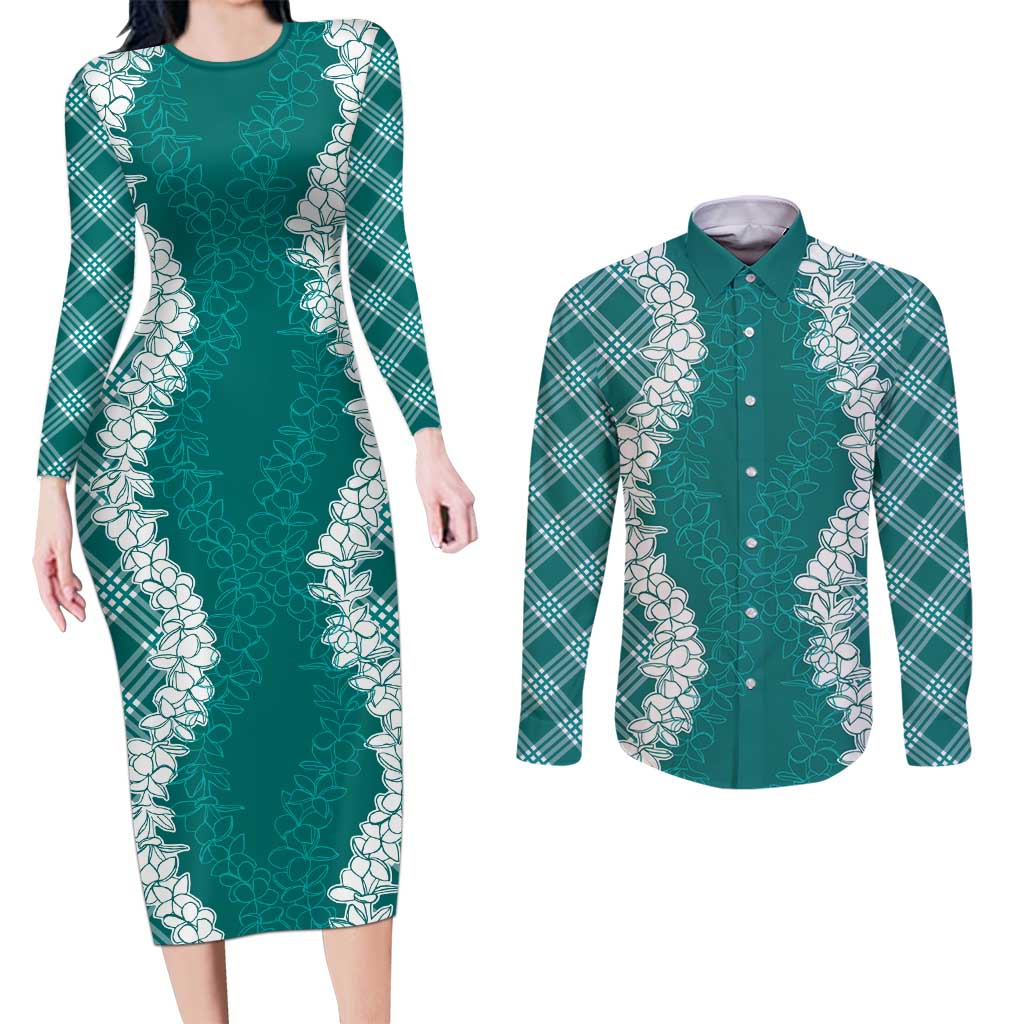 Hawaii Aloha Plumeria Lei Teal Palaka Couples Matching Long Sleeve Bodycon Dress and Long Sleeve Button Shirt LT7 Teal - Polynesian Pride