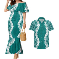 Hawaii Aloha Plumeria Lei Teal Palaka Couples Matching Mermaid Dress and Hawaiian Shirt LT7 Teal - Polynesian Pride