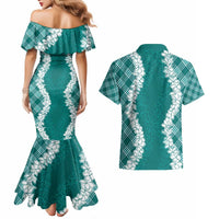 Hawaii Aloha Plumeria Lei Teal Palaka Couples Matching Mermaid Dress and Hawaiian Shirt LT7 - Polynesian Pride