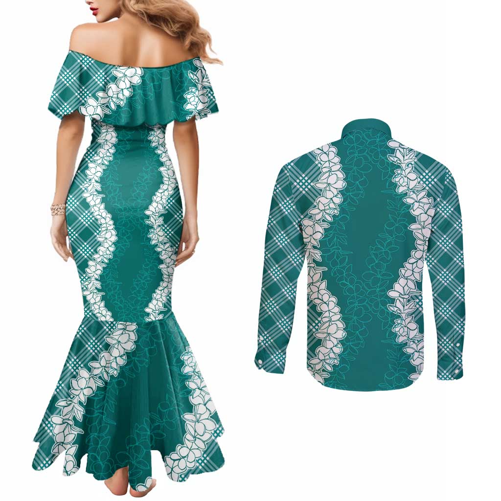 Hawaii Aloha Plumeria Lei Teal Palaka Couples Matching Mermaid Dress and Long Sleeve Button Shirt LT7 - Polynesian Pride