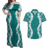 Hawaii Aloha Plumeria Lei Teal Palaka Couples Matching Off Shoulder Maxi Dress and Hawaiian Shirt LT7 Teal - Polynesian Pride