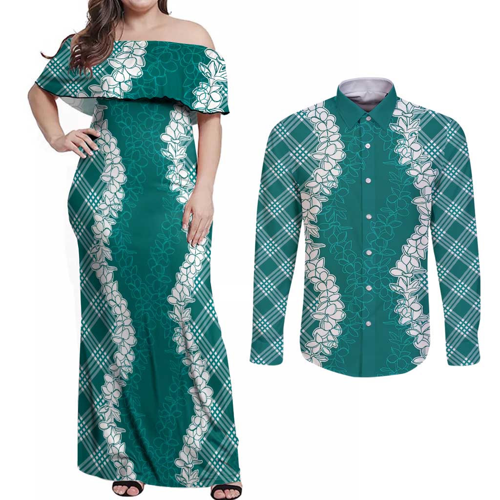 Hawaii Aloha Plumeria Lei Teal Palaka Couples Matching Off Shoulder Maxi Dress and Long Sleeve Button Shirt LT7 Teal - Polynesian Pride