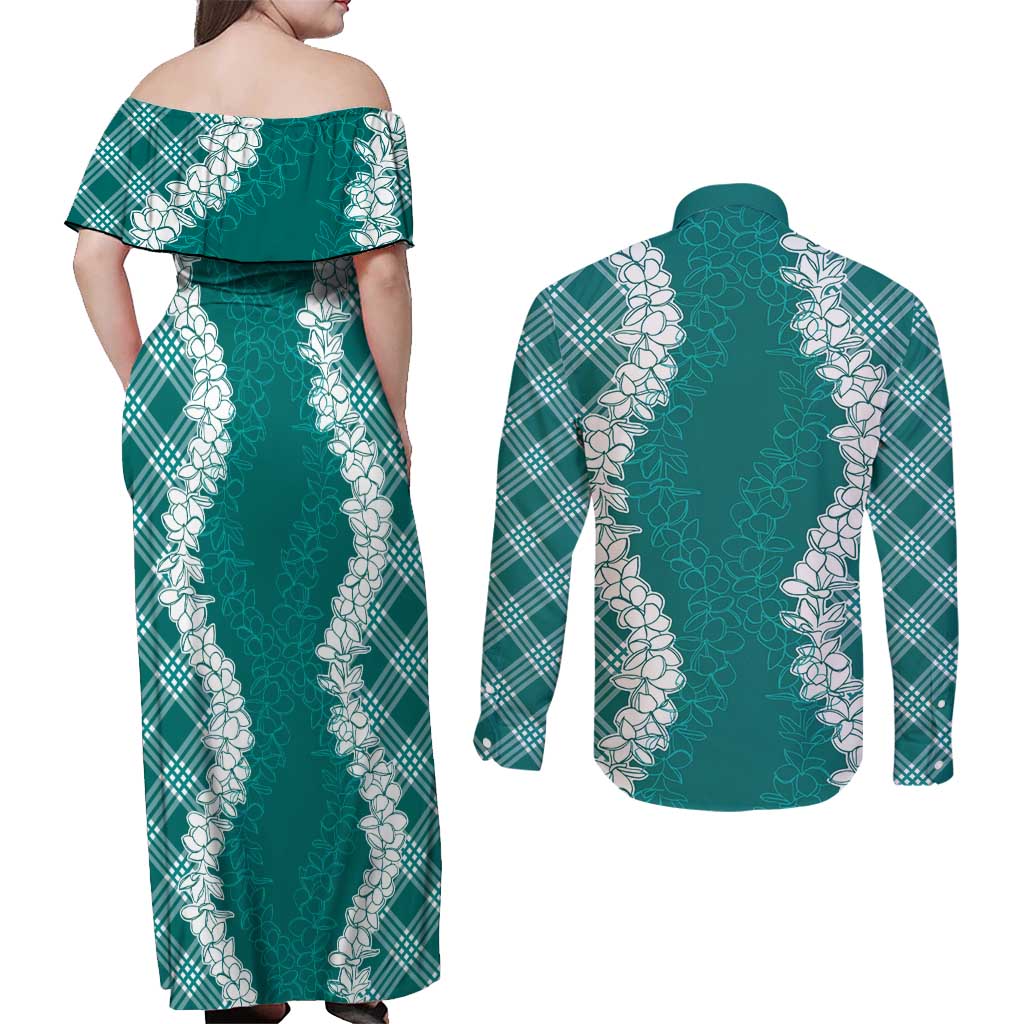 Hawaii Aloha Plumeria Lei Teal Palaka Couples Matching Off Shoulder Maxi Dress and Long Sleeve Button Shirt LT7 - Polynesian Pride