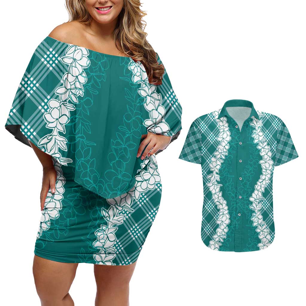 Hawaii Aloha Plumeria Lei Teal Palaka Couples Matching Off Shoulder Short Dress and Hawaiian Shirt LT7 Teal - Polynesian Pride
