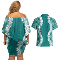 Hawaii Aloha Plumeria Lei Teal Palaka Couples Matching Off Shoulder Short Dress and Hawaiian Shirt LT7 - Polynesian Pride