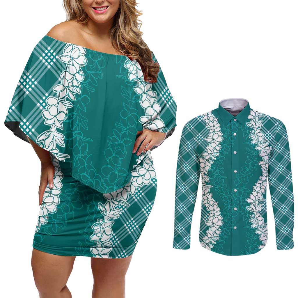 Hawaii Aloha Plumeria Lei Teal Palaka Couples Matching Off Shoulder Short Dress and Long Sleeve Button Shirt LT7 Teal - Polynesian Pride