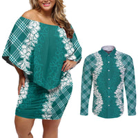 Hawaii Aloha Plumeria Lei Teal Palaka Couples Matching Off Shoulder Short Dress and Long Sleeve Button Shirt LT7 Teal - Polynesian Pride
