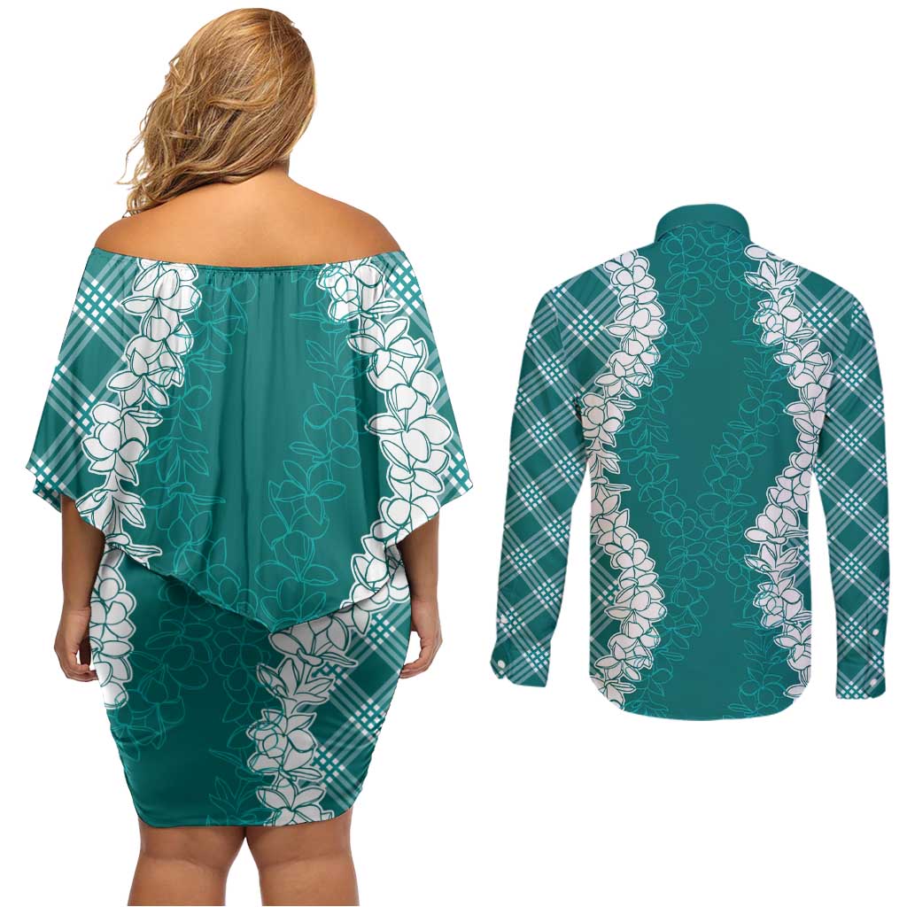 Hawaii Aloha Plumeria Lei Teal Palaka Couples Matching Off Shoulder Short Dress and Long Sleeve Button Shirt LT7 - Polynesian Pride